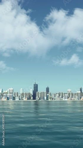 Vertical panoramic shot of abstract coastal cityscape with modern high rise buildings skyscrapers and calm water surface of bay or lake against bright blue cloudy sky. No people concept 3D animation.