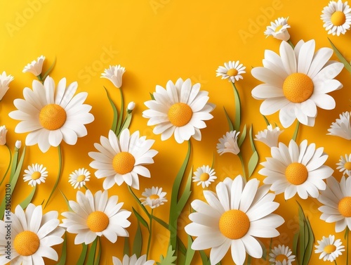 Vibrant yellow daisy wallpaper with green stems and leaves.