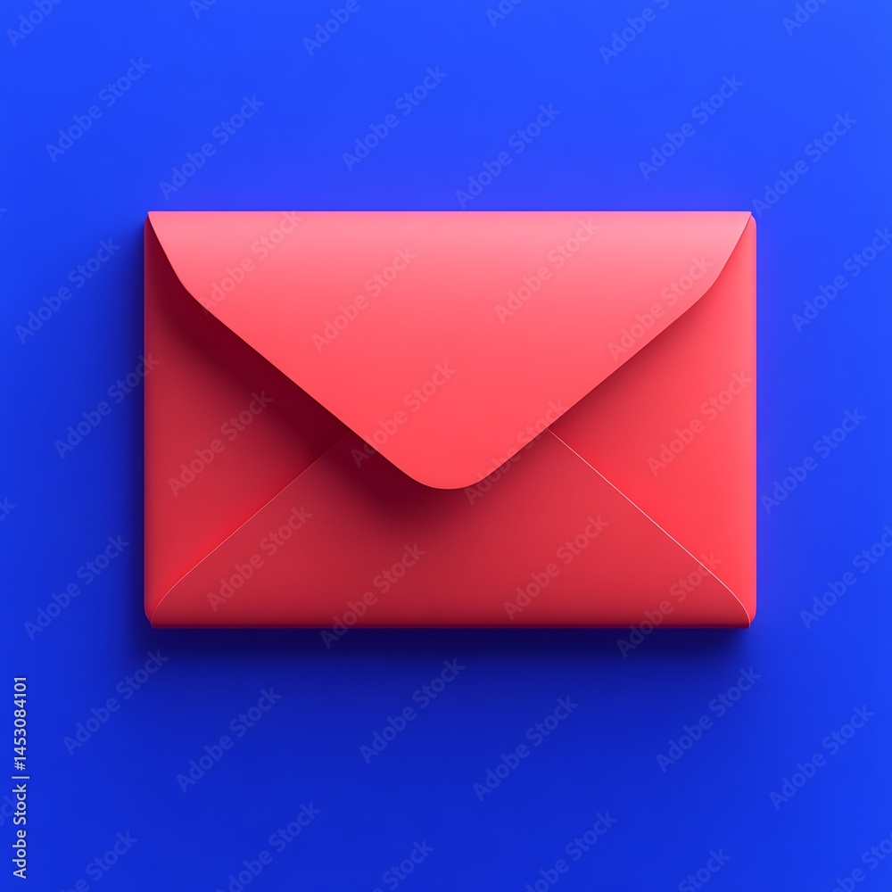 A Bright Red Envelope Lies On A Contrasting Blue Background A Bright Red Envelope Lies On A Contrasting Blue Background