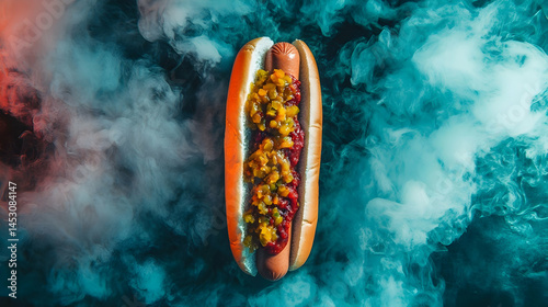 An exciting top view of a tasty hot dog placed in a colorful smoke background