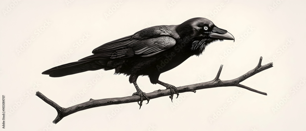 Fototapeta premium Detailed Black Raven Perched On Branch