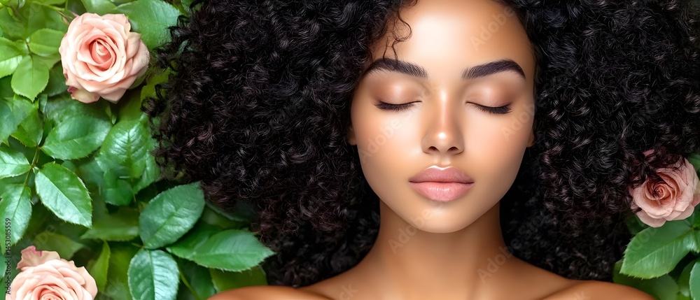 Naklejka premium Beautiful Black Woman with Curly Hair Surrounded by Roses