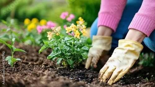 Planting flowers in a garden bed.  Hands in gloves carefully place a young plant into the soil