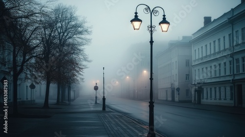Misty Morning Cityscape: A Foggy Street Scene
