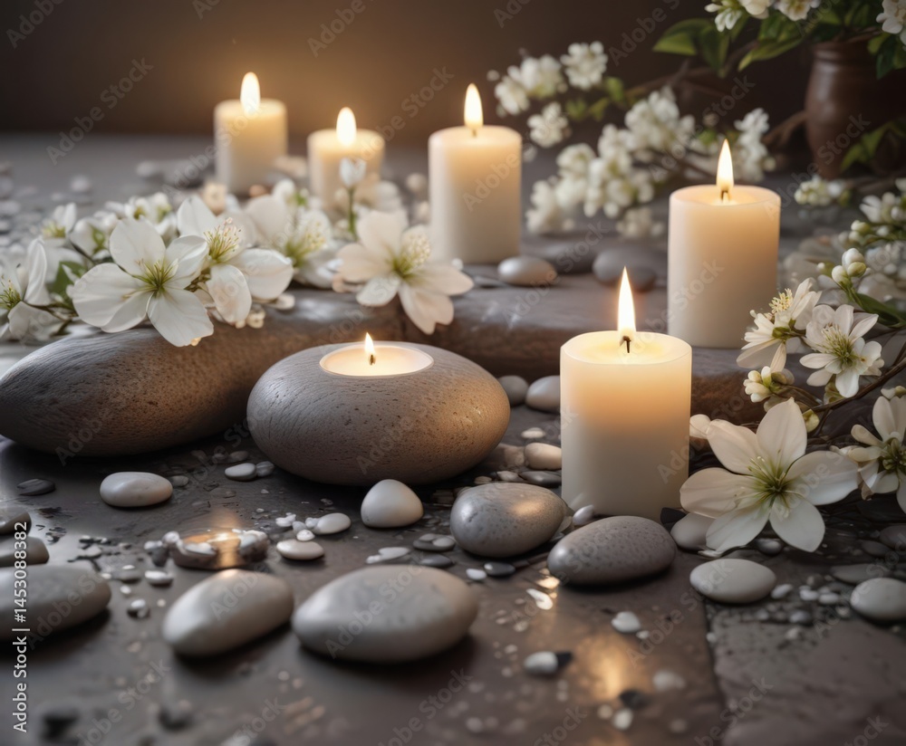 White blossoms, smooth stones, aromatic candles, tranquil spa setting, white flowers, self care, decor White blossoms, smooth stones, aromatic candles, tranquil spa setting, white flowers, self care, decor