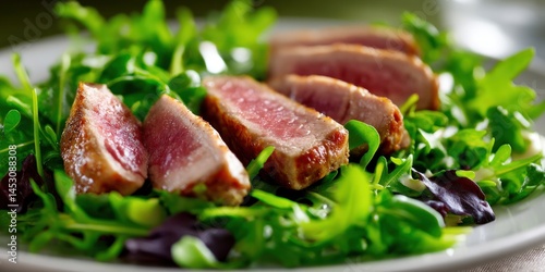 Sliced tuna steak on fresh salad at restaurant, healthy meal close-up photo