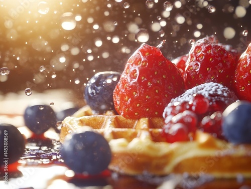 Close up of a dessert dish with powdered sugar and fresh fruit, served on a plate.