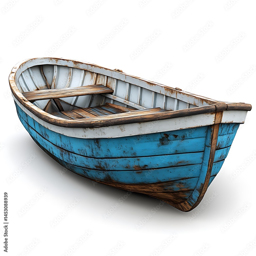 A small wooden rowboat is isolated against a stark white background A small wooden rowboat is isolated against a stark white background