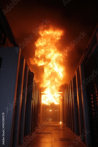 Burning hallway, flames rising. Dangerous area in fire, smoke background. Safety