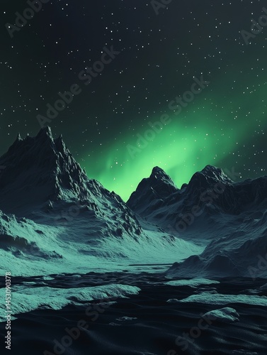 Northern lights shining over a mountain range, creating a magical landscape under the star-studded night sky.