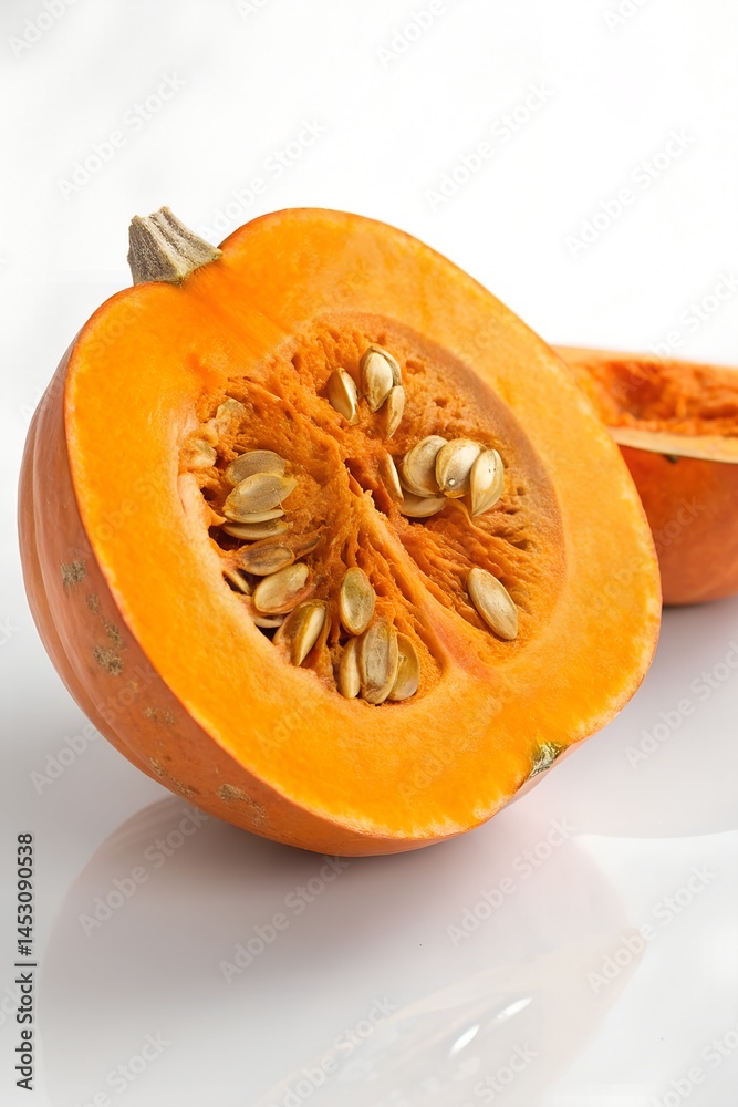 Halved Pumpkin with Bright Orange Flesh and Seeds on Reflective Surface
Halved Pumpkin with Bright Orange Flesh and Seeds on Reflective Surface