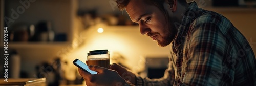 Man working late at night on computer, focused intently on his smartphone.