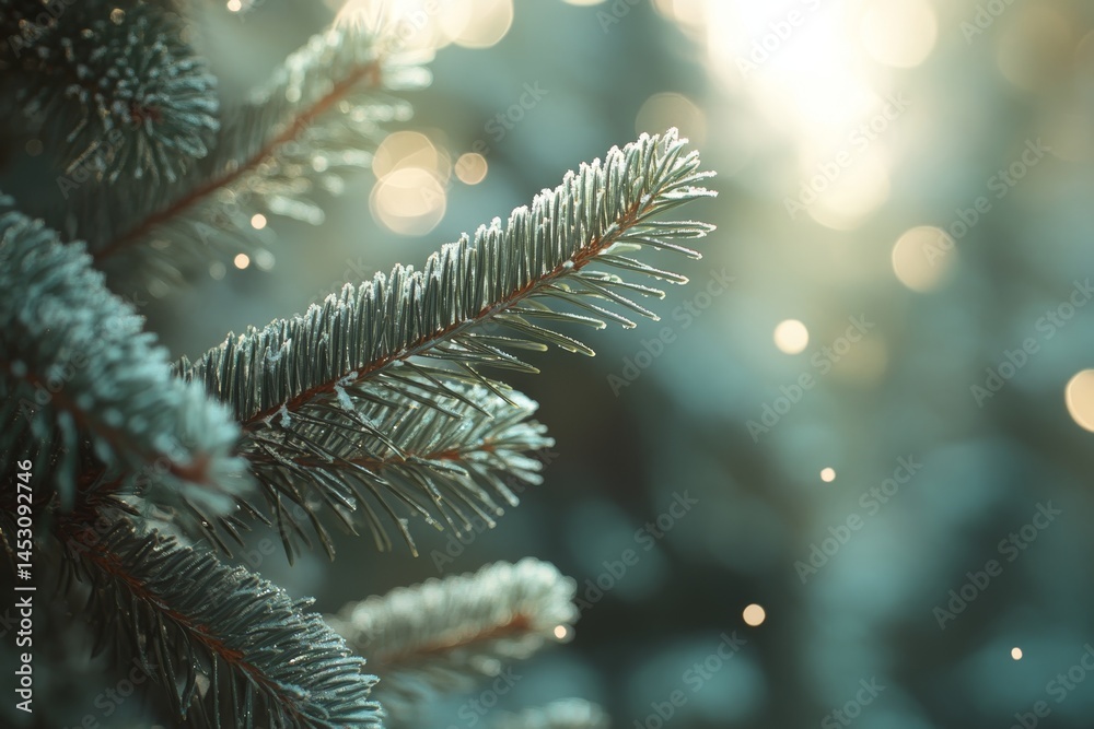 Close-up of frosted evergreen branches during winter. Snow and sunbeam sparkle effect. Close-up of frosted evergreen branches during winter. Snow and sunbeam sparkle effect.