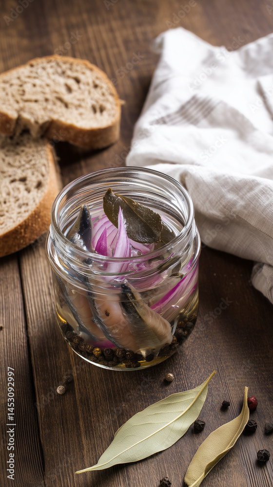 Pickled fish with onions in jar on wooden table with bread Pickled fish with onions in jar on wooden table with bread