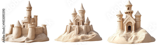 Three intricately designed sandcastles stand proudly on a beach, capturing attention with their towers and arched entrances. Beachgoers admire the craftsmanship while enjoying the sunny day
