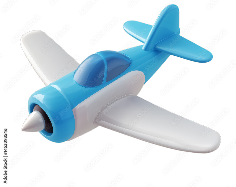 Fototapeta premium A bright blue toy airplane with white wings sits on a smooth surface, ready for play. Its vibrant colors and simple design evoke childhood memories and encourage creative flight adventures