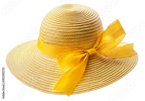 Beautiful straw hat features a wide brim and a bright yellow ribbon, ideal for protecting from the sun during summer outings at the beach or garden parties