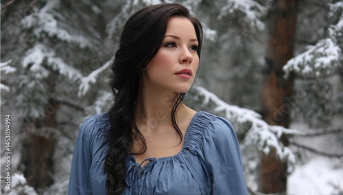 Pensive woman gazes in winter forest scene. Concept of peace, introspection photo