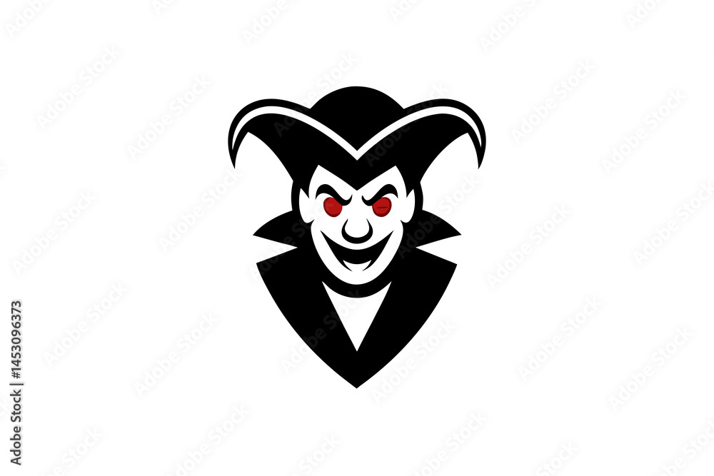 Fototapeta premium Evil Jester Mascot Logo: A menacing jester is depicted with sharp, unsettling features and an unsettling, sinister grin, radiating dark and cunning energy.