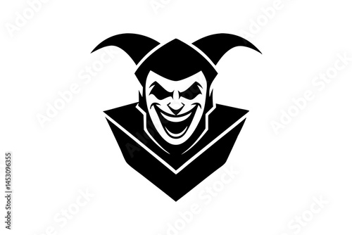 Mysterious Court Jester: A sleek black and white illustration of a traditional court jester, evoking a sense of mystique and playful trickery with his iconic attire and mischievous grin.