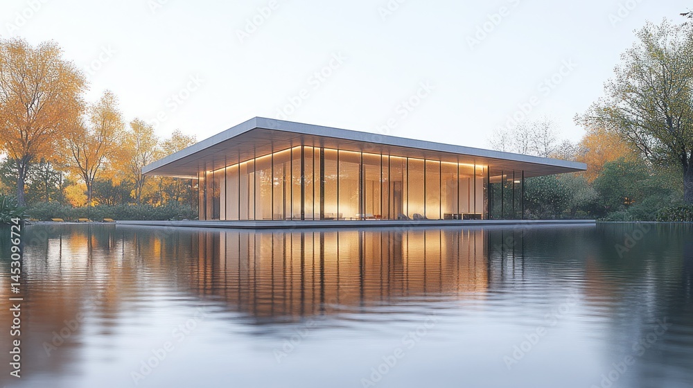 Modern pavilion reflecting in tranquil autumn pond Modern pavilion reflecting in tranquil autumn pond