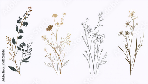 Minimalist Botanical Illustrations in Pastel Tones Representing Delicate Wildflowers and Foliage in Modern Line Art Style with Copy Space