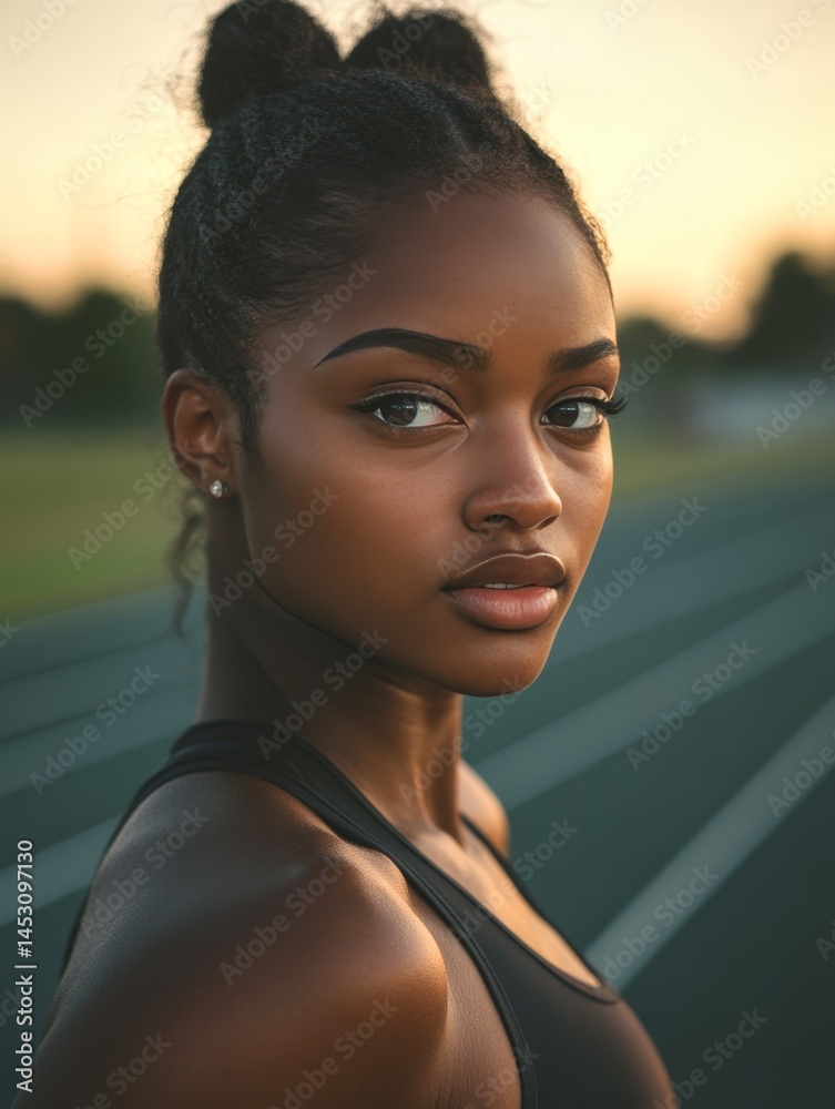 Female athlete posing on track after workout at sunset.