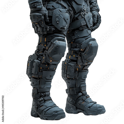 Tactical gear futuristic armor suit military exoskeleton leg protection on transparent background