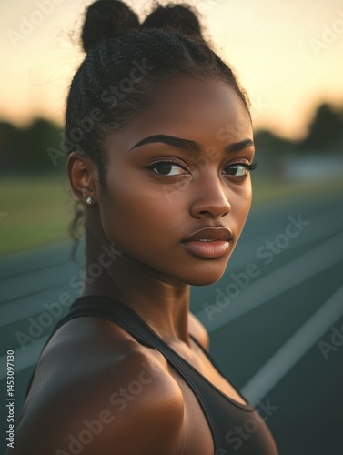 Obraz na płótnie Female athlete posing on track after workout at sunset. w salonie