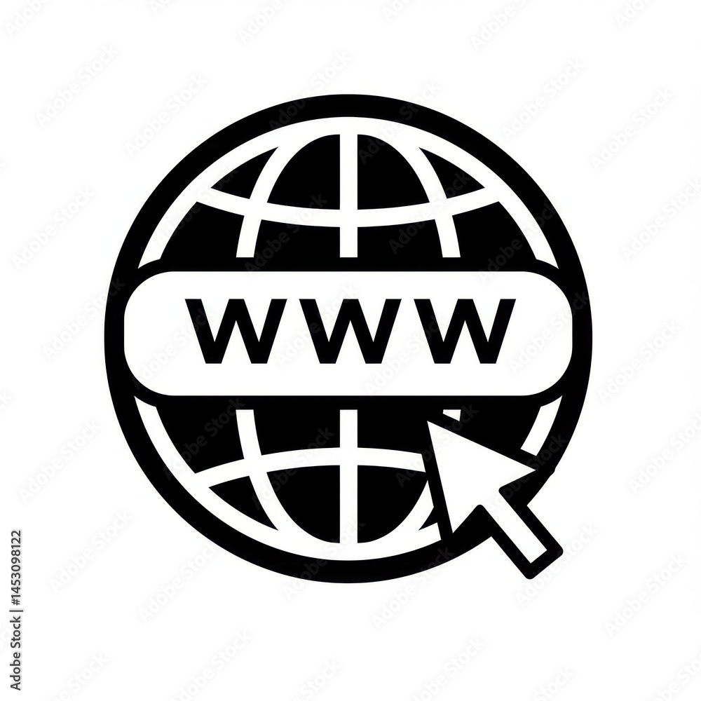 Globe www symbol with cursor icon on white background Globe www symbol with cursor icon on white background