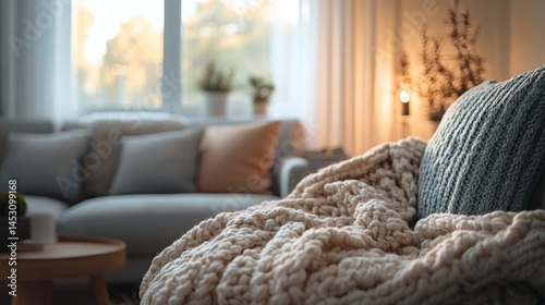 A cozy living room with a couch and a blanket draped over it. The blanket is white and has a knit pattern. There are several potted plants in the room, including one on the left side of the couch