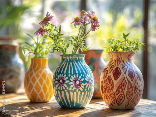 Collection of handmade vases with flowers, some in outdoor garden setting with sunlight filtering through.