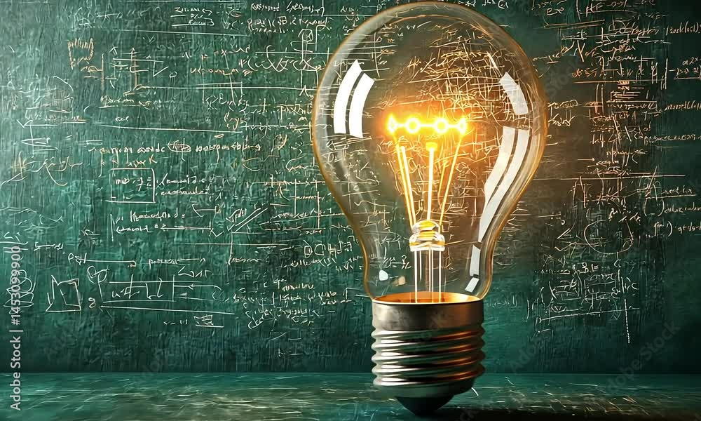 Glowing light bulb against a chalkboard filled with scientific formulas