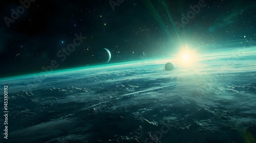 Fototapeta Naklejka Na Ścianę i Meble -  Solar System with Aurora Borealis: The solar system as viewed from Earth’s orbit, with the aurora borealis glowing over the planet while other planets are visible in the distance.
