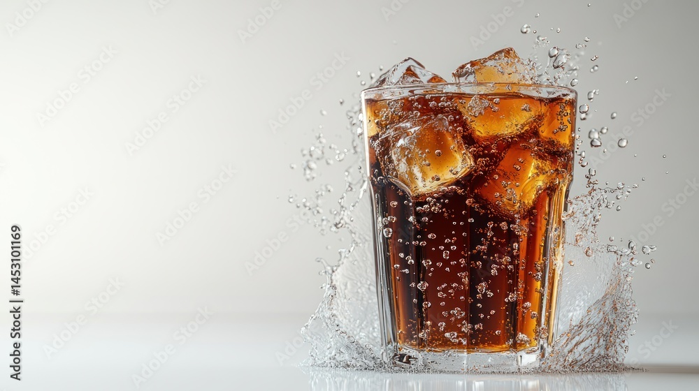 Refreshing cola drink with ice and splashing