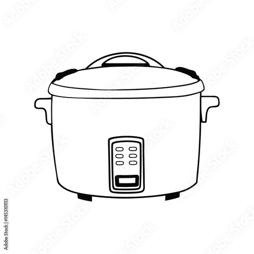 Simple Black and White Line Art of a Rice Cooker with Control Panel for Cooking.