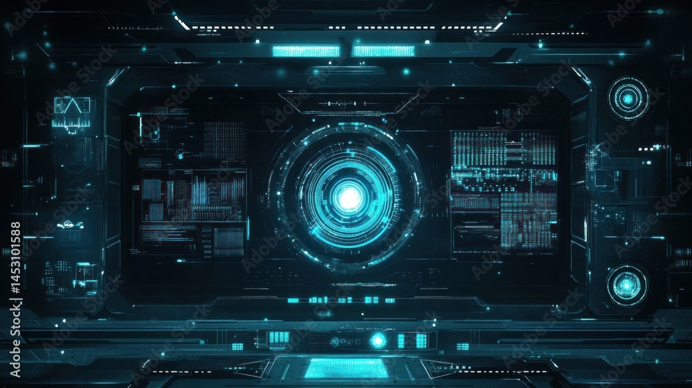 Futuristic Tech Interface: Cyan Digital Display Futuristic Tech Interface: Cyan Digital Display
