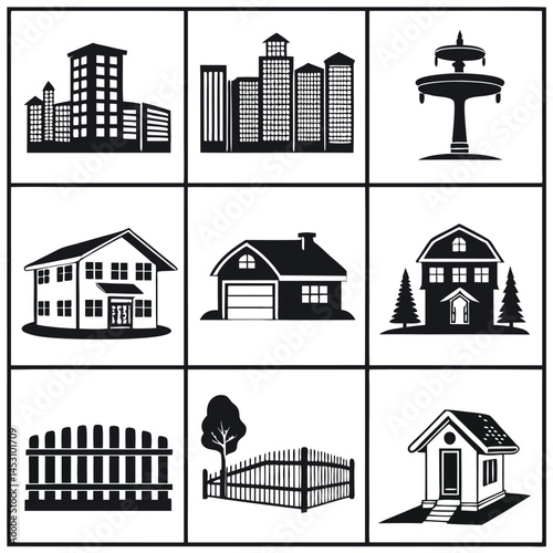 Black and White Vector Set: Urban and Rural Landscapes with Buildings, Houses, Fences, and Fountain