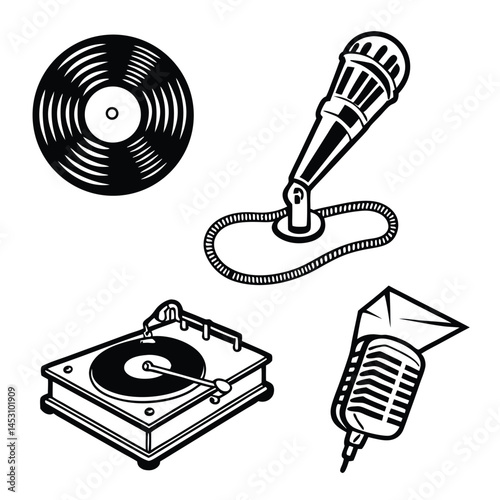 Black and white line art illustration of vintage turntable, record and microphones for music production concept.