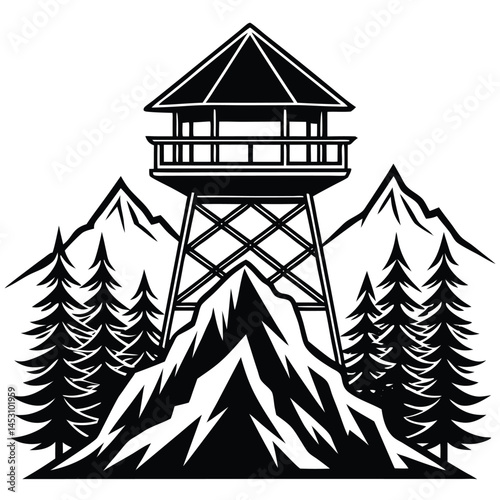 Black and White Illustration of a Fire Lookout Tower in a Mountain Landscape with Trees.