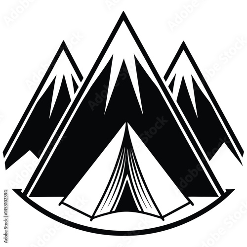 Black and White Vector Illustration of Camping Tent With Mountain Peaks, Outdoors Adventure Concept, Isolated on White Background.