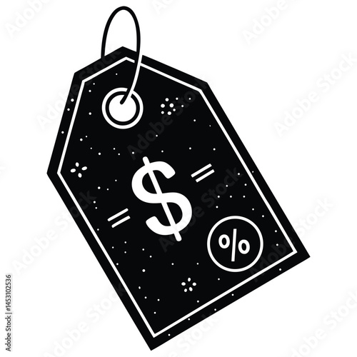 Isolated Black Price Tag Vector Illustration with Dollar Sign and Percent Symbol for Promotional Purposes.