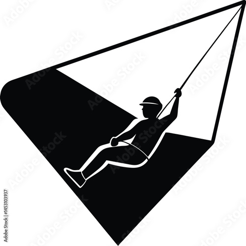 Silhouette of a Rock Climber Rappelling Down Inside Black Geometric Shape, Safety Helmet, Black and White Vector Illustration