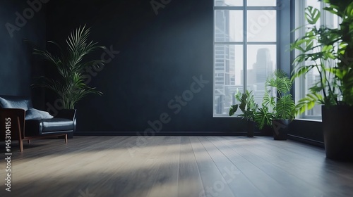 Modern Interior with Hardwood Floor, City View, and Potted Plants