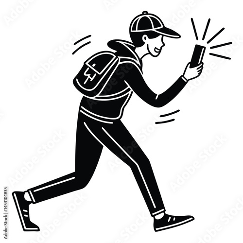 Running man with backpack holding smartphone, taking photo or filming video, black and white vector illustration.