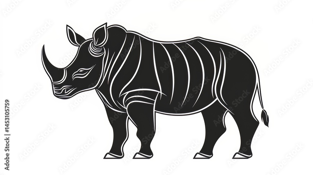 Fototapeta premium Black and white drawing of a rhinoceros. The rhino is standing on its hind legs and has a large horn on its head. The drawing is simple and elegant, with a sense of strength and power