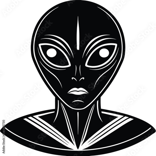 Black and White Alien Head Vector Illustration, Extraterrestrial Being with Large Eyes, Outer Space Concept, Isolated on White.