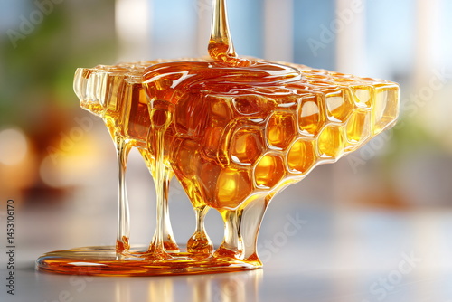 Thick honey is pouring onto a honeycomb with a natural sweet glaze. Golden liquid drips down a clear surface. Pure farm made syrup, sweet glaze concept