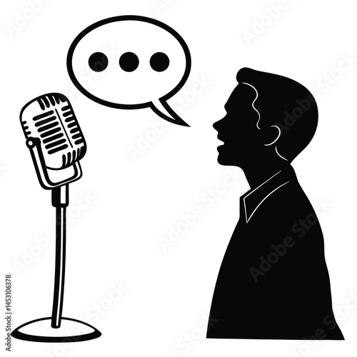 Man Silhouette Speaking into Vintage Microphone with Speech Bubble, Black and White Illustration.