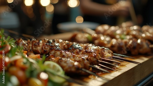 Colorful grilled shish kabobs of seasoned meat on wooden sticks ready to be served, showcasing a variety of flavors and textures.